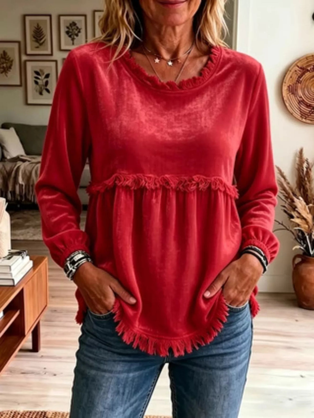 Fringed Hem Long Sleeve T-Shirt - WYNFLARE