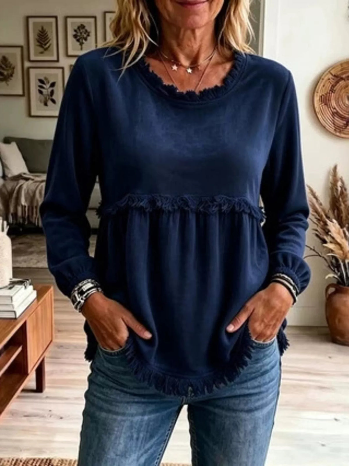 Fringed Hem Long Sleeve T-Shirt - WYNFLARE