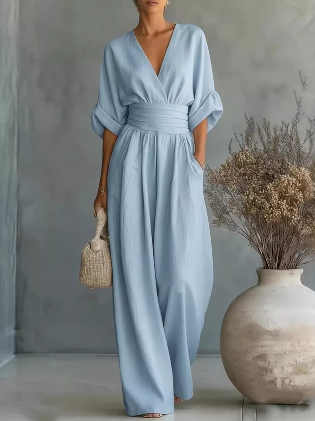 Full Size Half Sleeve Wide Leg Jumpsuit Plus Size - WYNFLARE