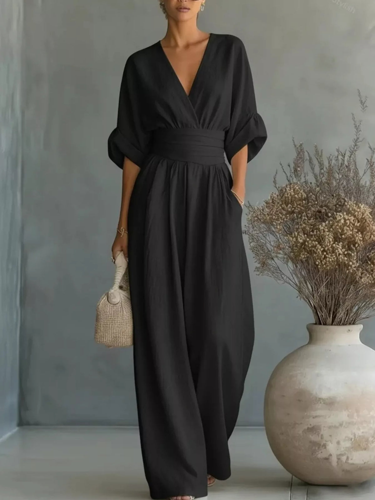 Full Size Half Sleeve Wide Leg Jumpsuit Plus Size - WYNFLARE