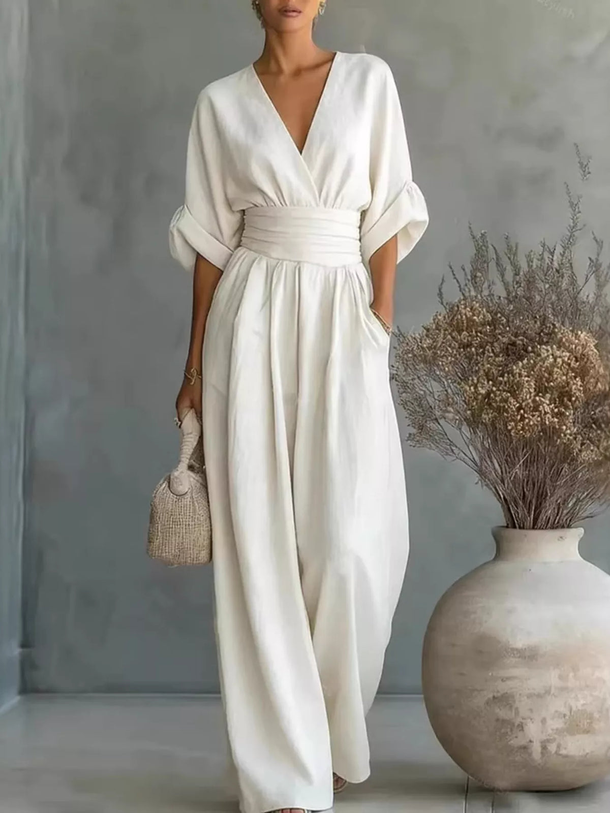 Full Size Half Sleeve Wide Leg Jumpsuit Plus Size - WYNFLARE