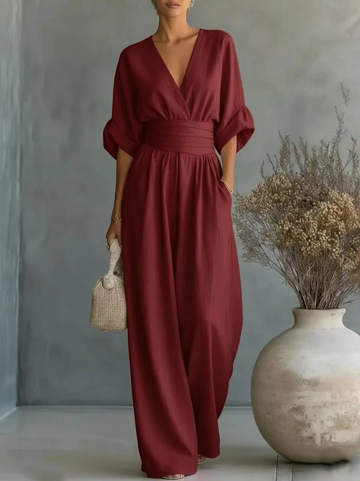 Full Size Half Sleeve Wide Leg Jumpsuit Plus Size - WYNFLARE