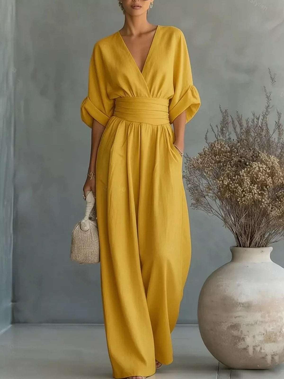 Full Size Half Sleeve Wide Leg Jumpsuit Plus Size - WYNFLARE