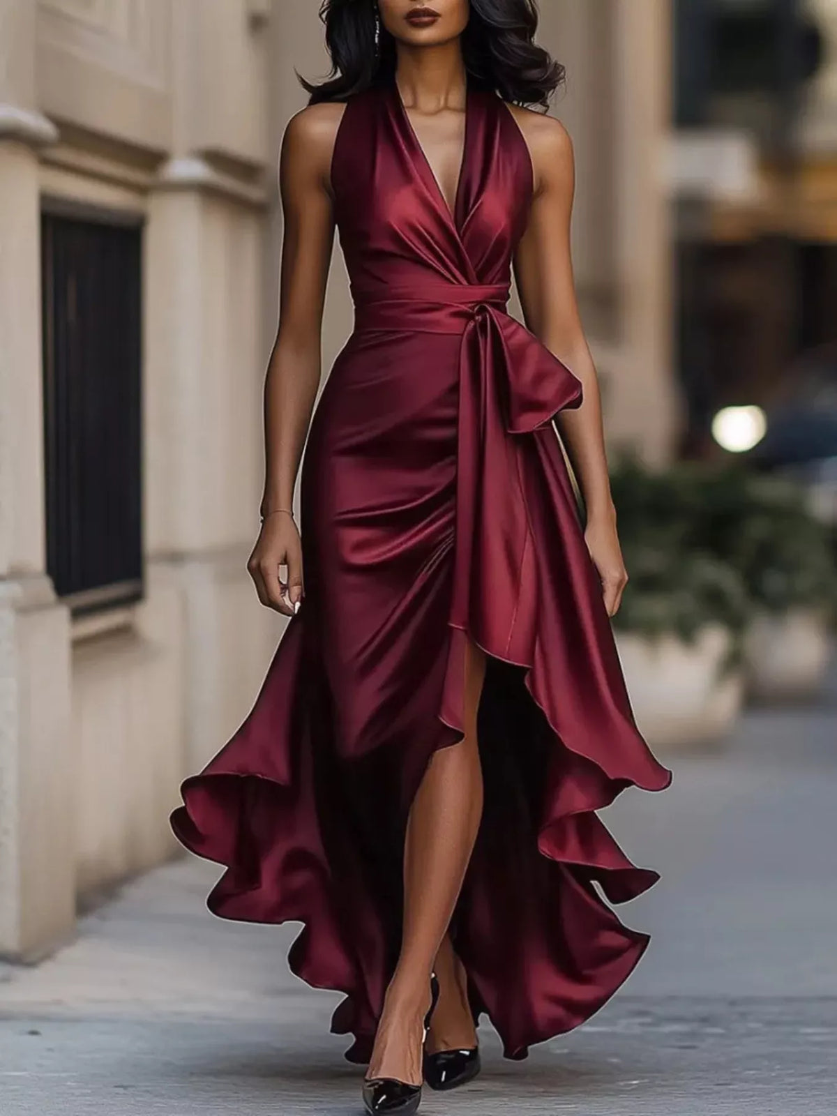 Full Size High-Low Ruffled Satin Maxi Dress Plus Size - WYNFLARE