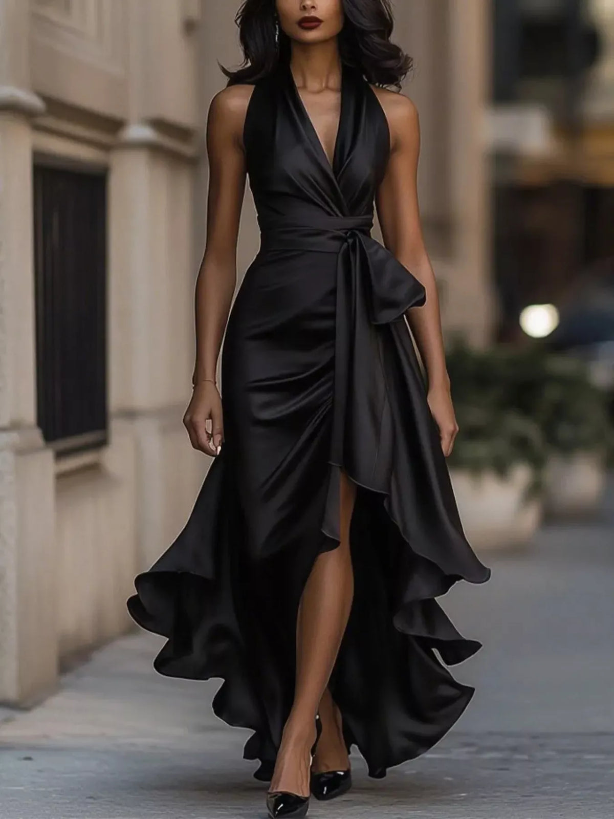 Full Size High-Low Ruffled Satin Maxi Dress Plus Size - WYNFLARE