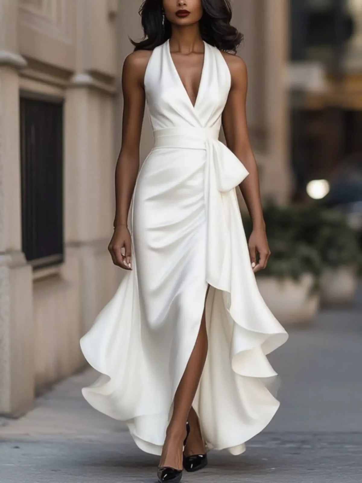 Full Size High-Low Ruffled Satin Maxi Dress Plus Size - WYNFLARE