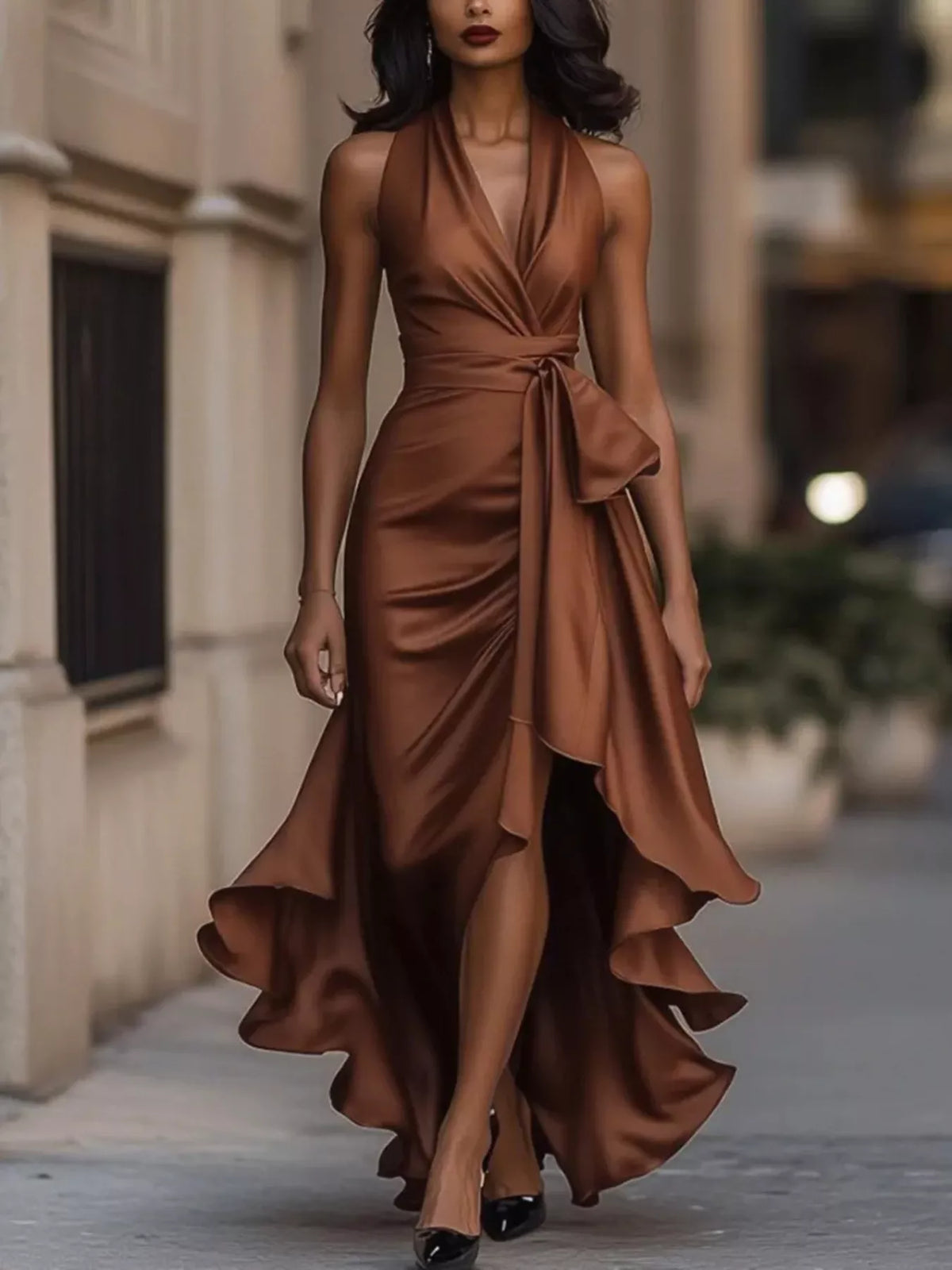 Full Size High-Low Ruffled Satin Maxi Dress Plus Size - WYNFLARE