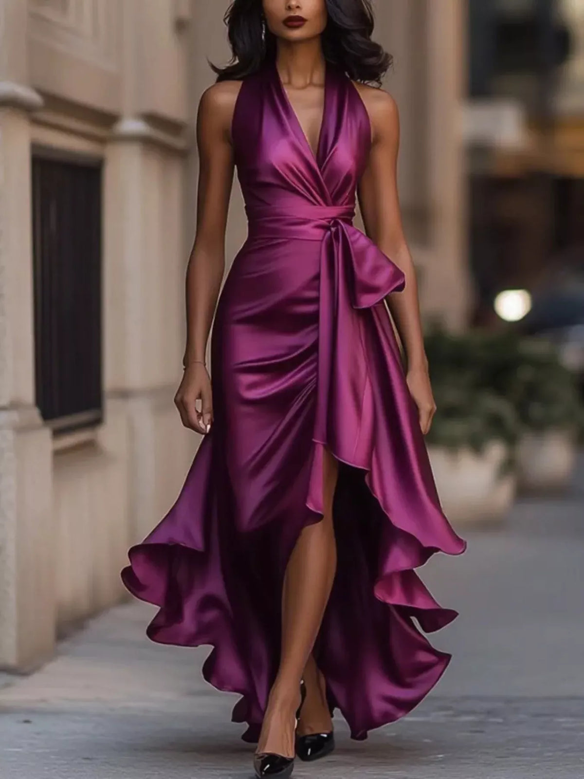 Full Size High-Low Ruffled Satin Maxi Dress Plus Size - WYNFLARE
