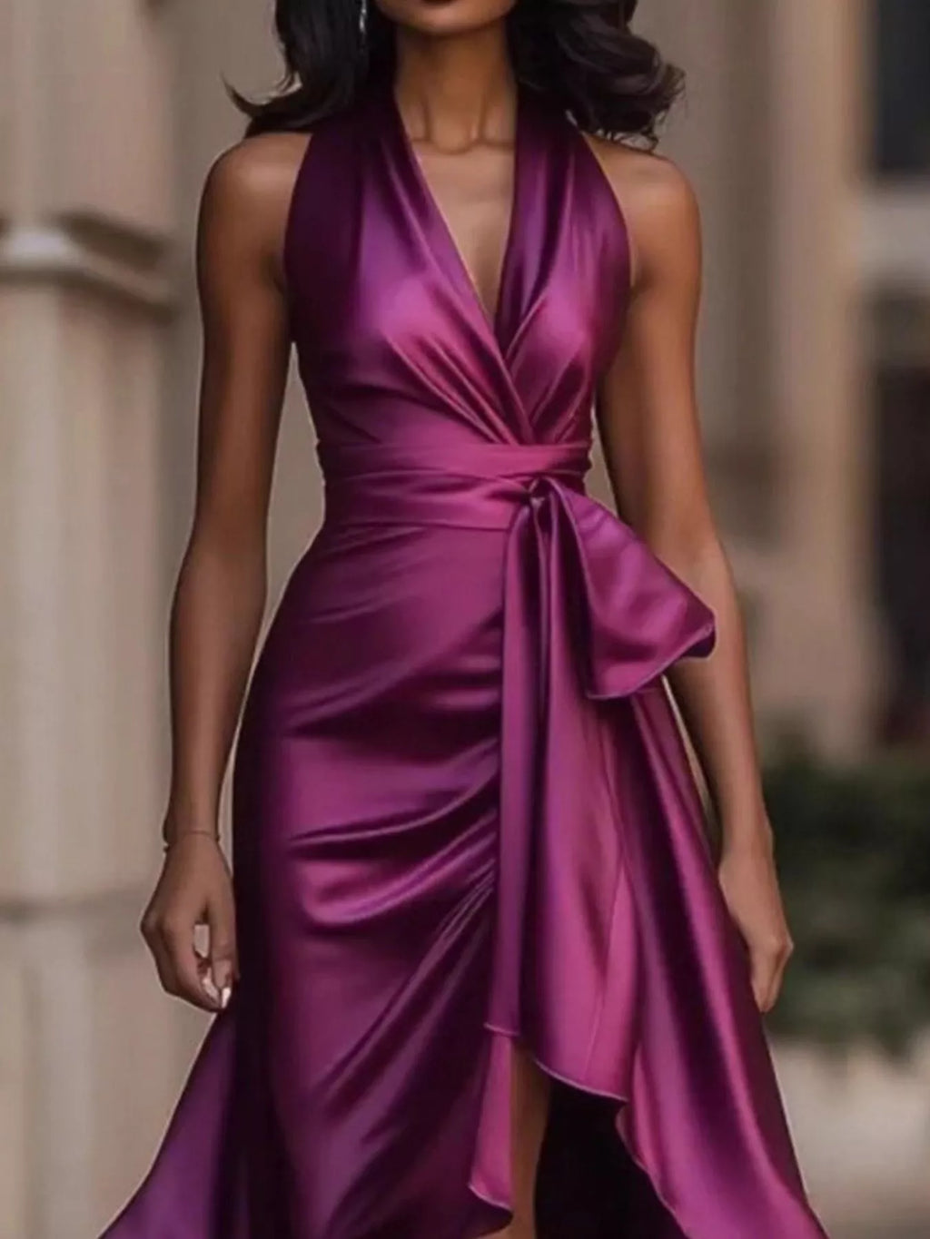 Full Size High-Low Ruffled Satin Maxi Dress Plus Size - WYNFLARE