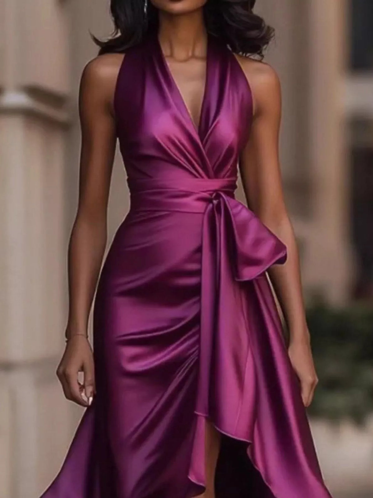 Full Size High-Low Ruffled Satin Maxi Dress Plus Size - WYNFLARE