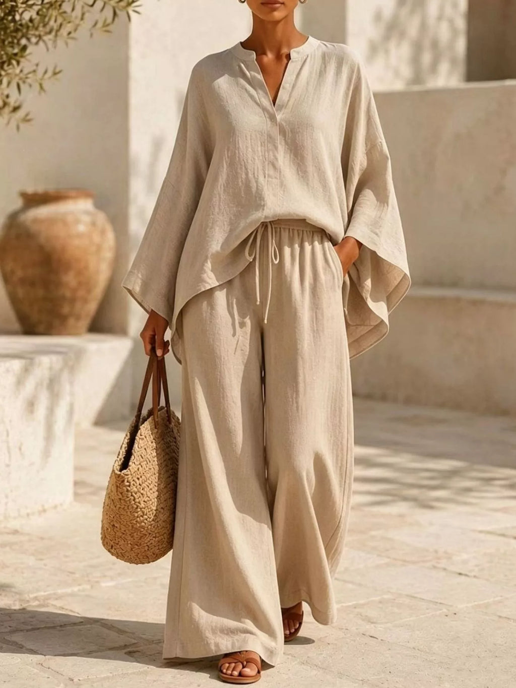 Full Size Notched Long Sleeve Top and Wide-Leg Pants Set Plus Size - WYNFLARE