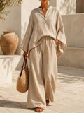 Full Size Notched Long Sleeve Top and Wide-Leg Pants Set Plus Size - WYNFLARE
