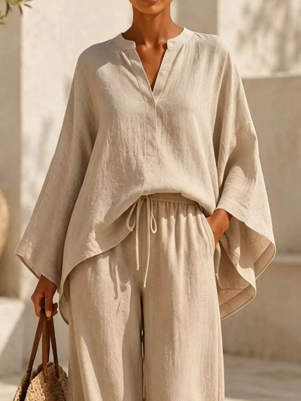 Full Size Notched Long Sleeve Top and Wide-Leg Pants Set Plus Size - WYNFLARE