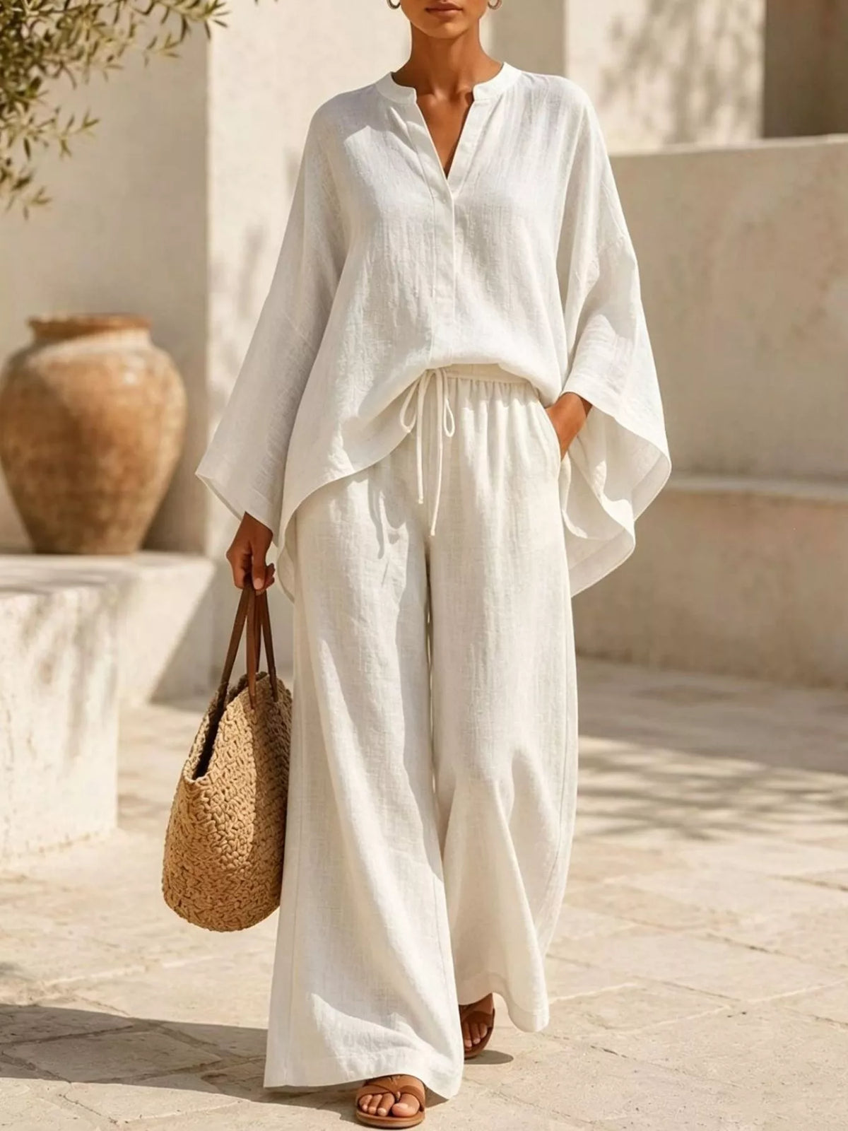 Full Size Notched Long Sleeve Top and Wide-Leg Pants Set Plus Size - WYNFLARE