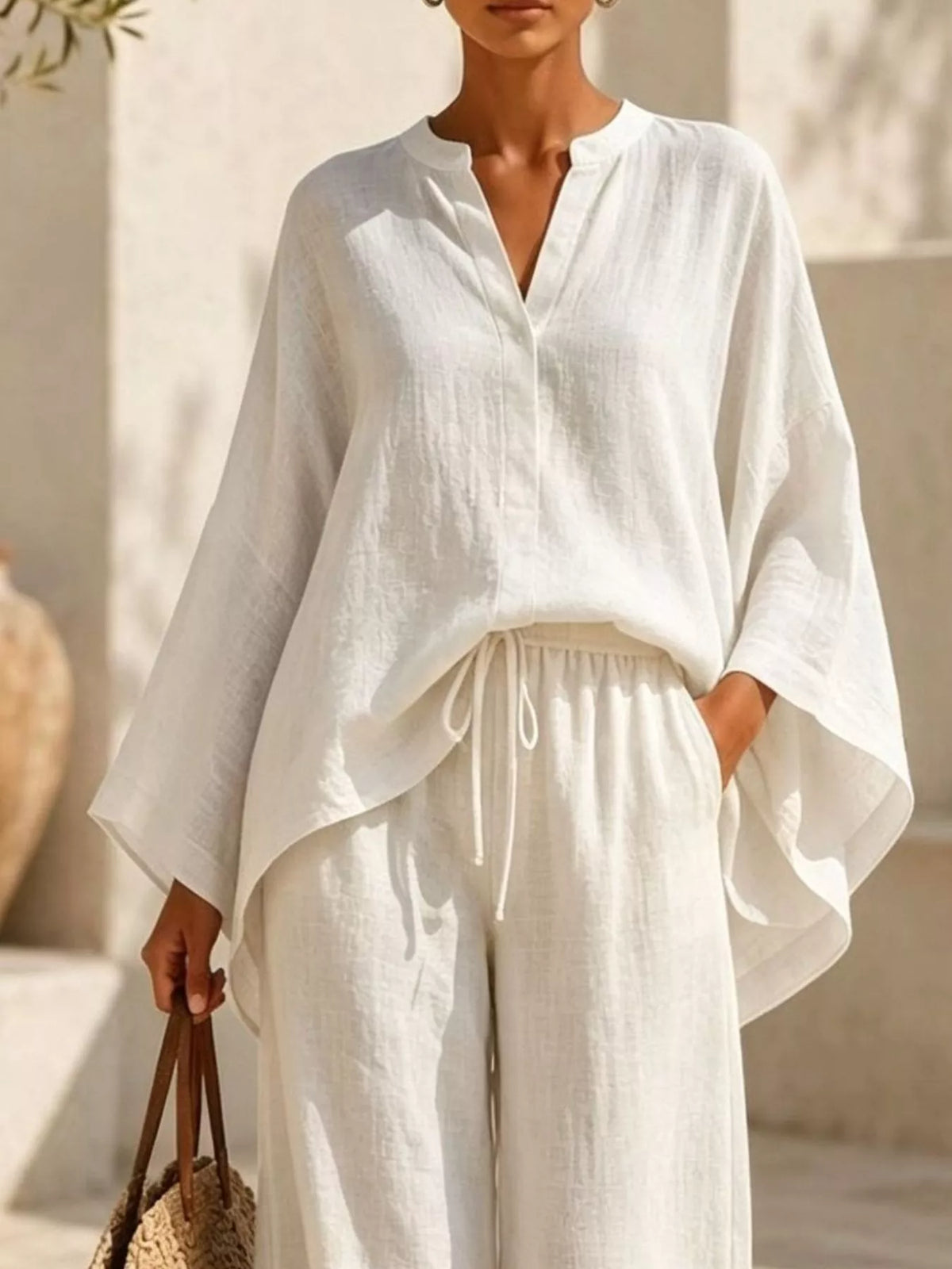 Full Size Notched Long Sleeve Top and Wide-Leg Pants Set Plus Size - WYNFLARE