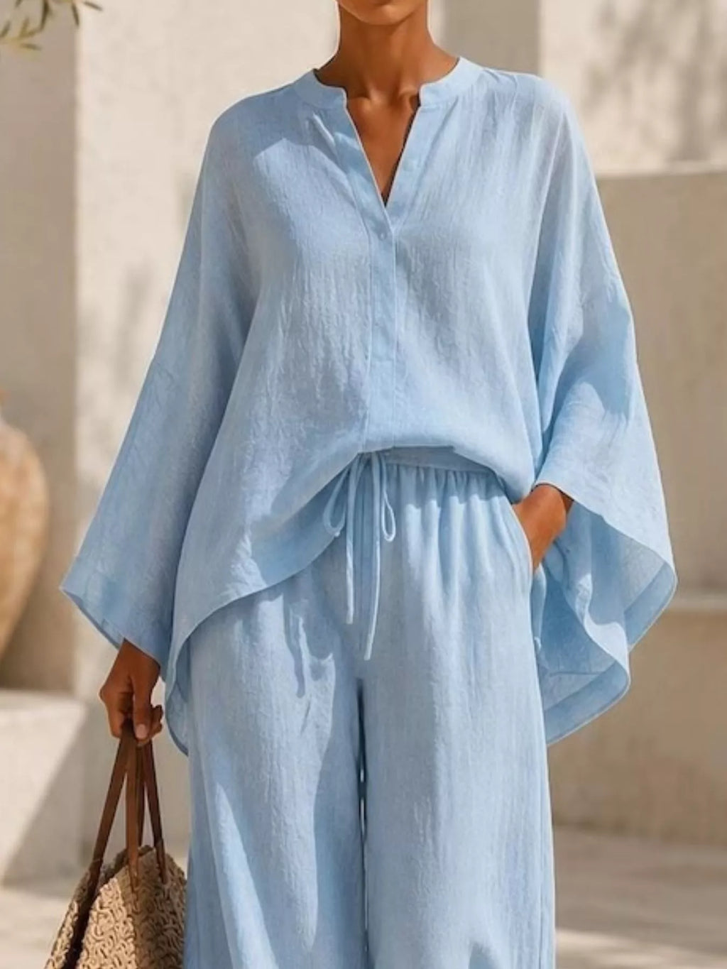 Full Size Notched Long Sleeve Top and Wide-Leg Pants Set Plus Size - WYNFLARE