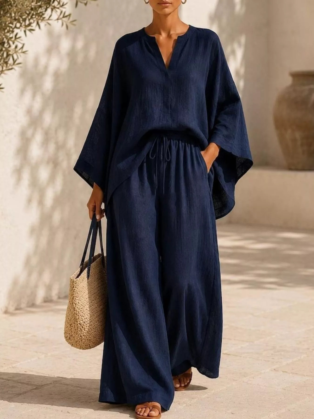 Full Size Notched Long Sleeve Top and Wide-Leg Pants Set Plus Size - WYNFLARE