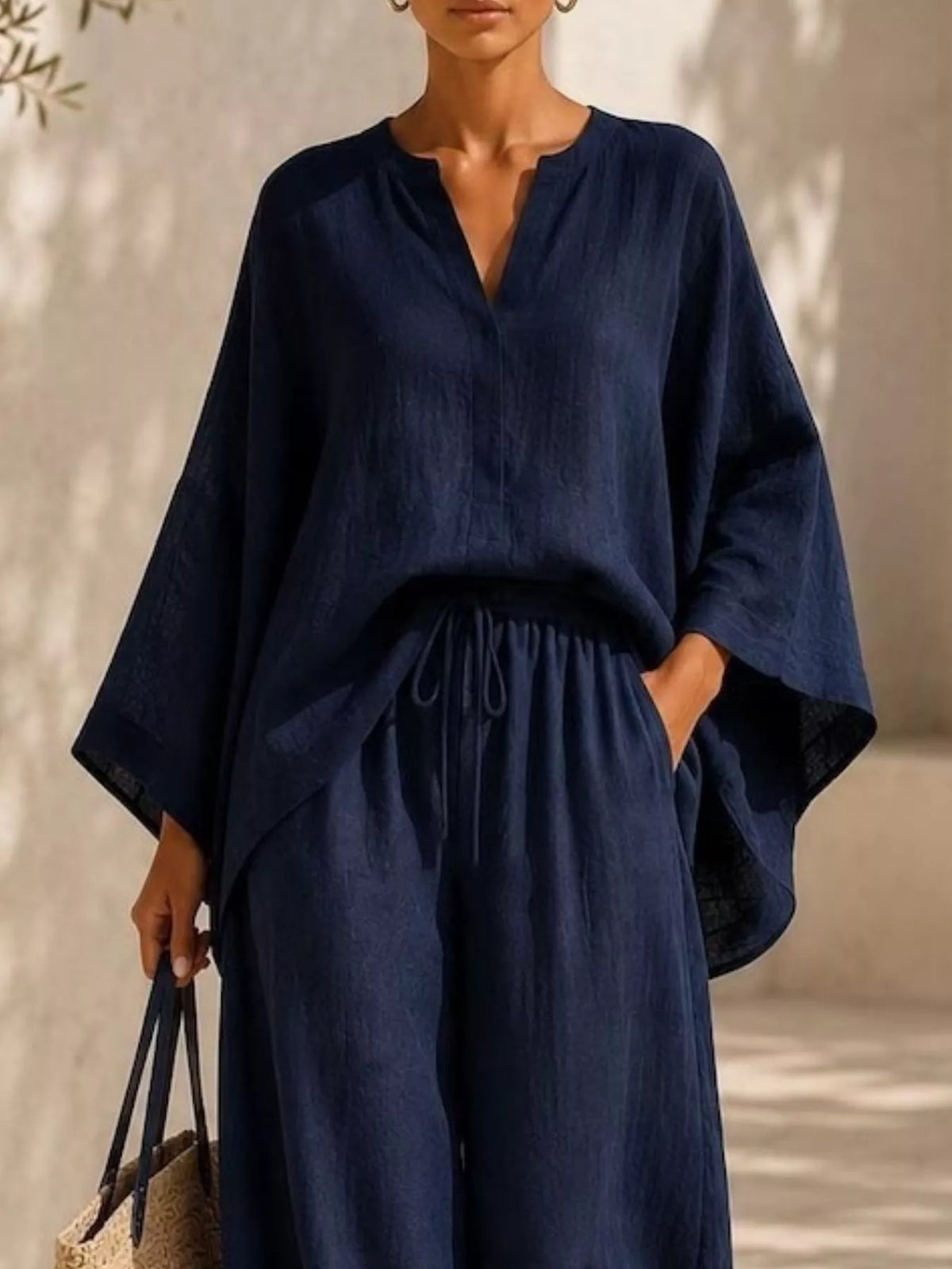 Full Size Notched Long Sleeve Top and Wide-Leg Pants Set Plus Size - WYNFLARE