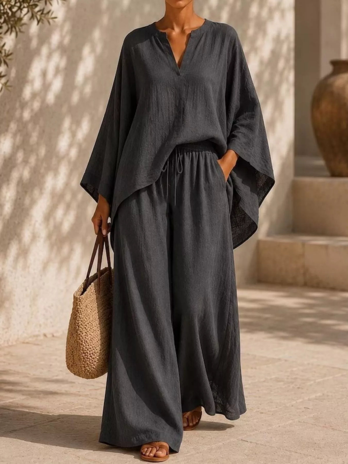 Full Size Notched Long Sleeve Top and Wide-Leg Pants Set Plus Size - WYNFLARE