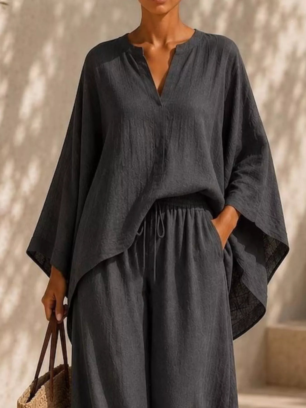Full Size Notched Long Sleeve Top and Wide-Leg Pants Set Plus Size - WYNFLARE