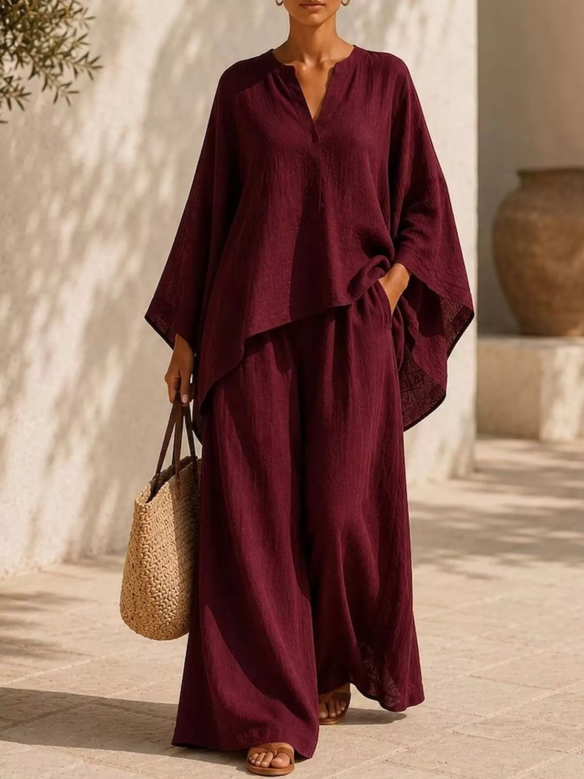 Full Size Notched Long Sleeve Top and Wide-Leg Pants Set Plus Size - WYNFLARE