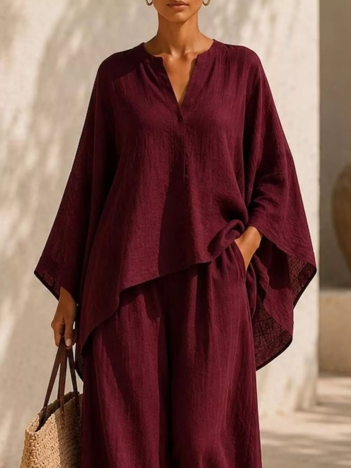 Full Size Notched Long Sleeve Top and Wide-Leg Pants Set Plus Size - WYNFLARE