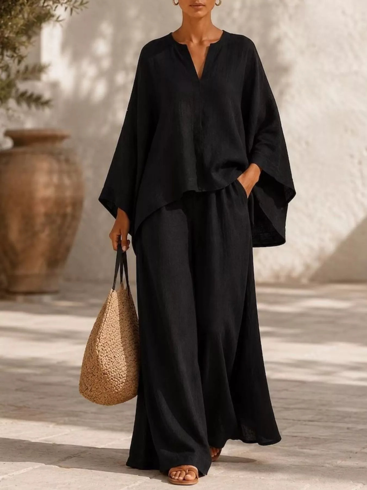 Full Size Notched Long Sleeve Top and Wide-Leg Pants Set Plus Size - WYNFLARE