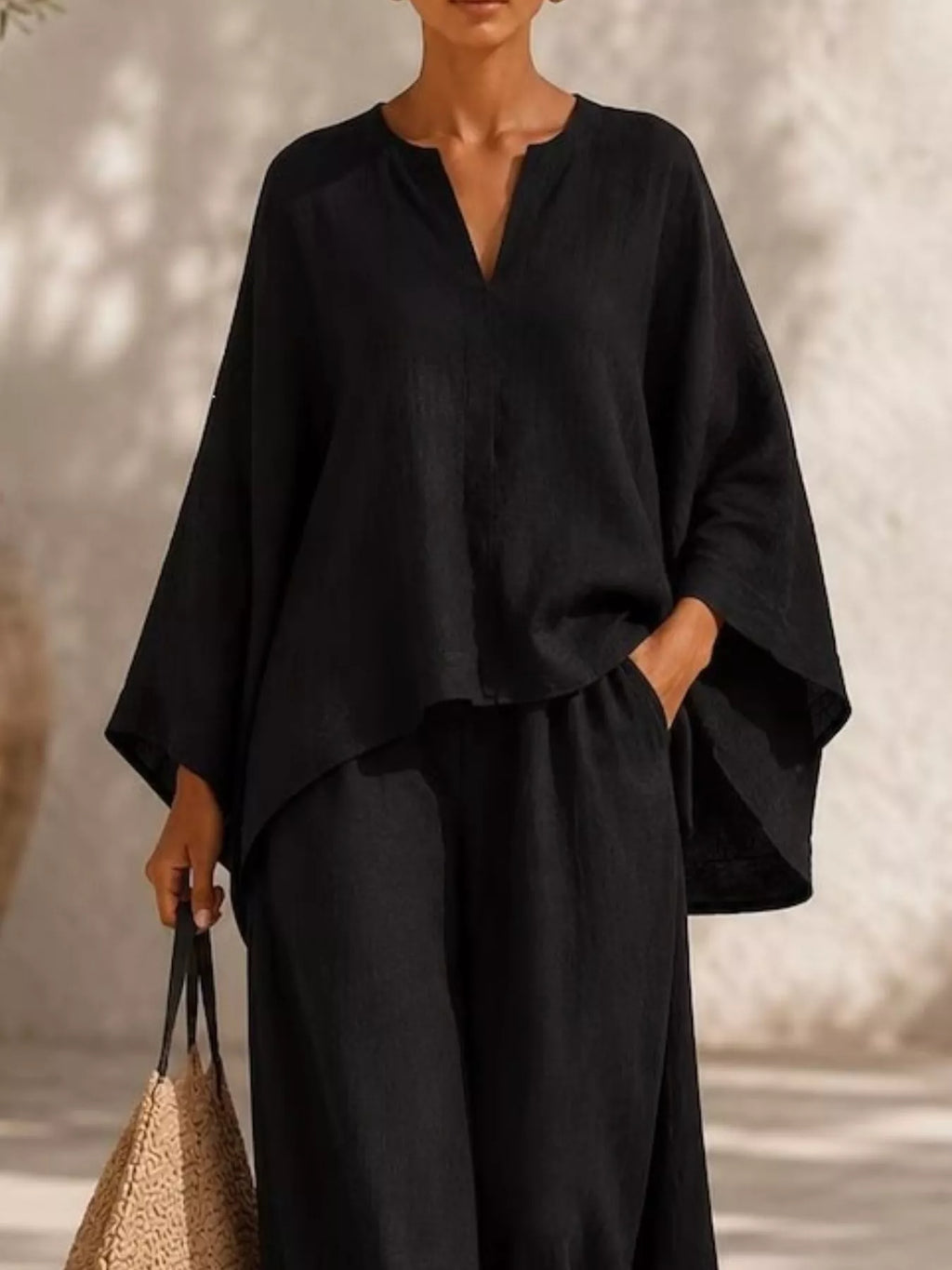 Full Size Notched Long Sleeve Top and Wide-Leg Pants Set Plus Size - WYNFLARE