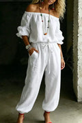 Full Size Off-Shoulder Top and Pants Set Plus Size - WYNFLARE