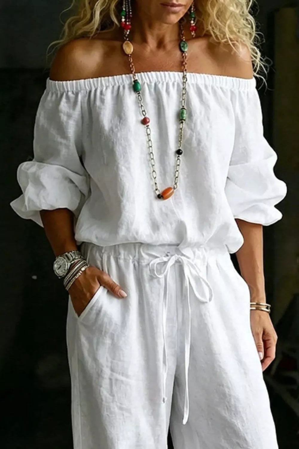 Full Size Off-Shoulder Top and Pants Set Plus Size - WYNFLARE