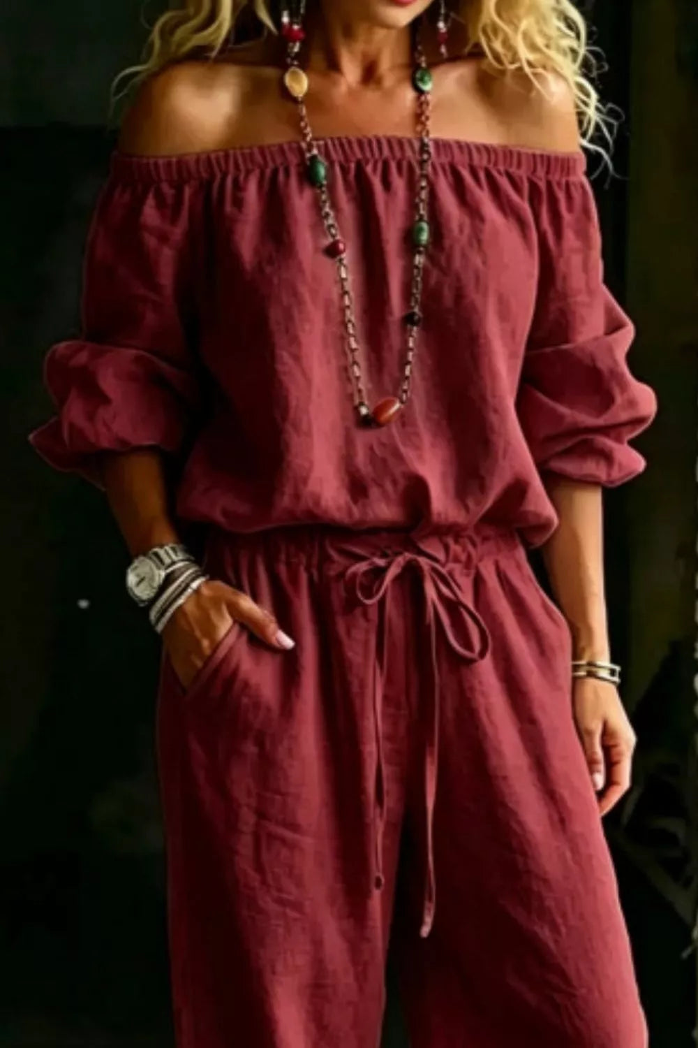 Full Size Off-Shoulder Top and Pants Set Plus Size - WYNFLARE