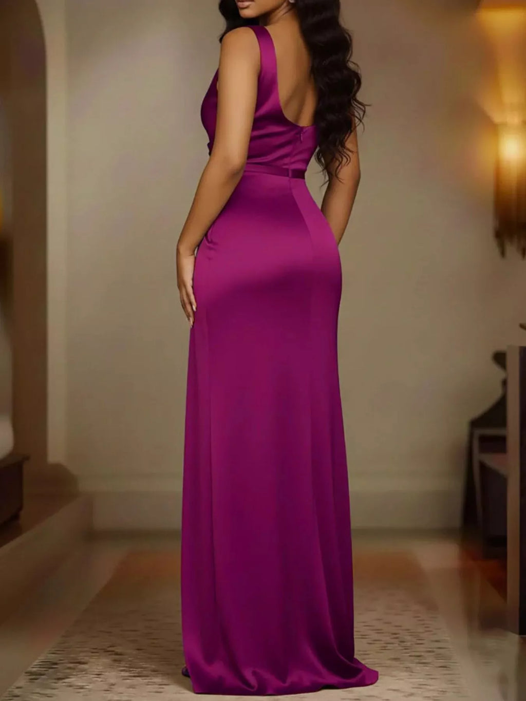 Full Size Satin Cowl Neck High Slit Maxi Dress Plus Size - WYNFLARE