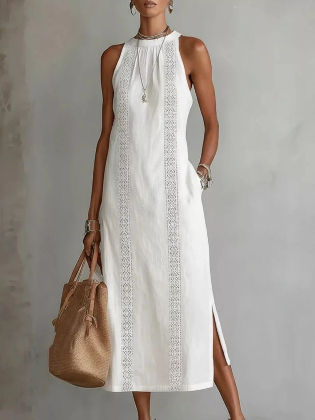 Full Size Sleeveless Lace Trim Midi Dress Plus Size - WYNFLARE
