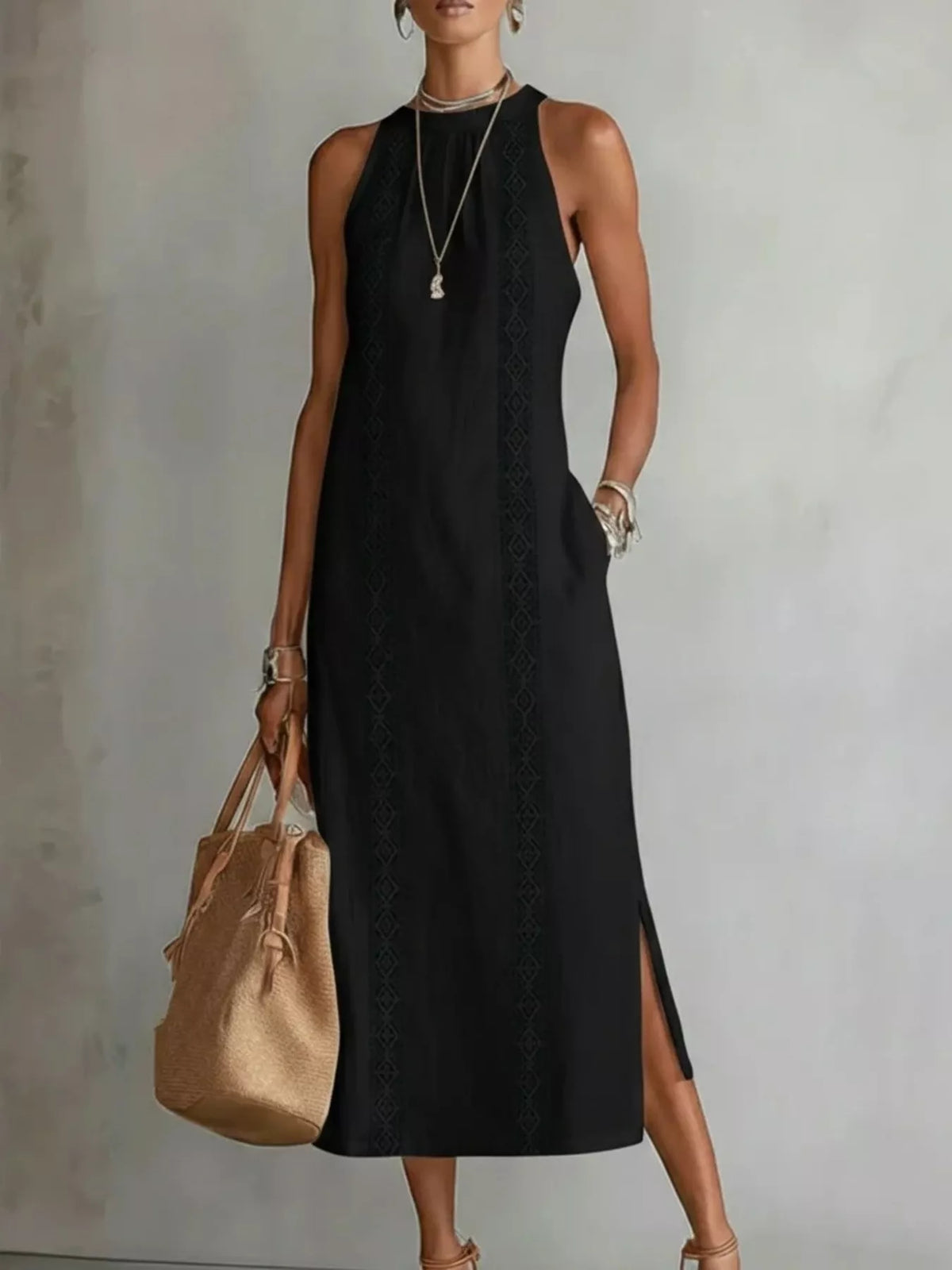 Full Size Sleeveless Lace Trim Midi Dress Plus Size - WYNFLARE