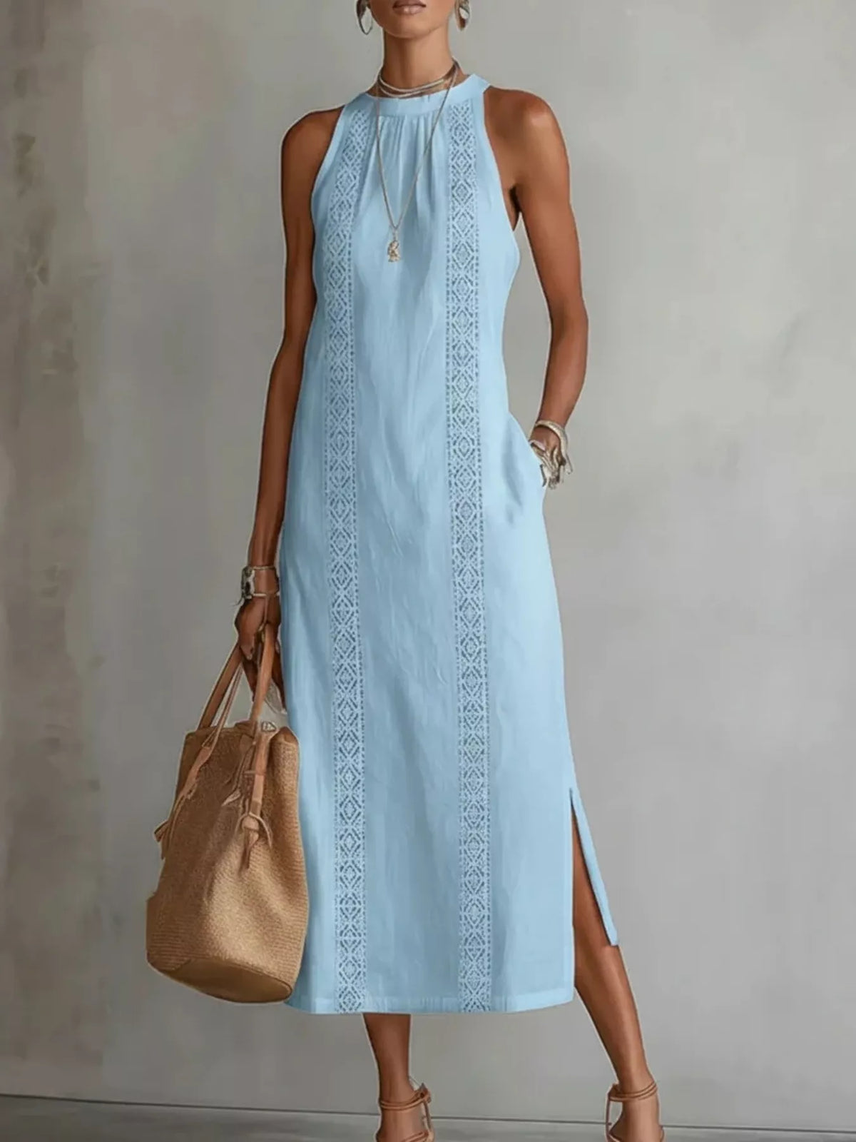 Full Size Sleeveless Lace Trim Midi Dress Plus Size - WYNFLARE