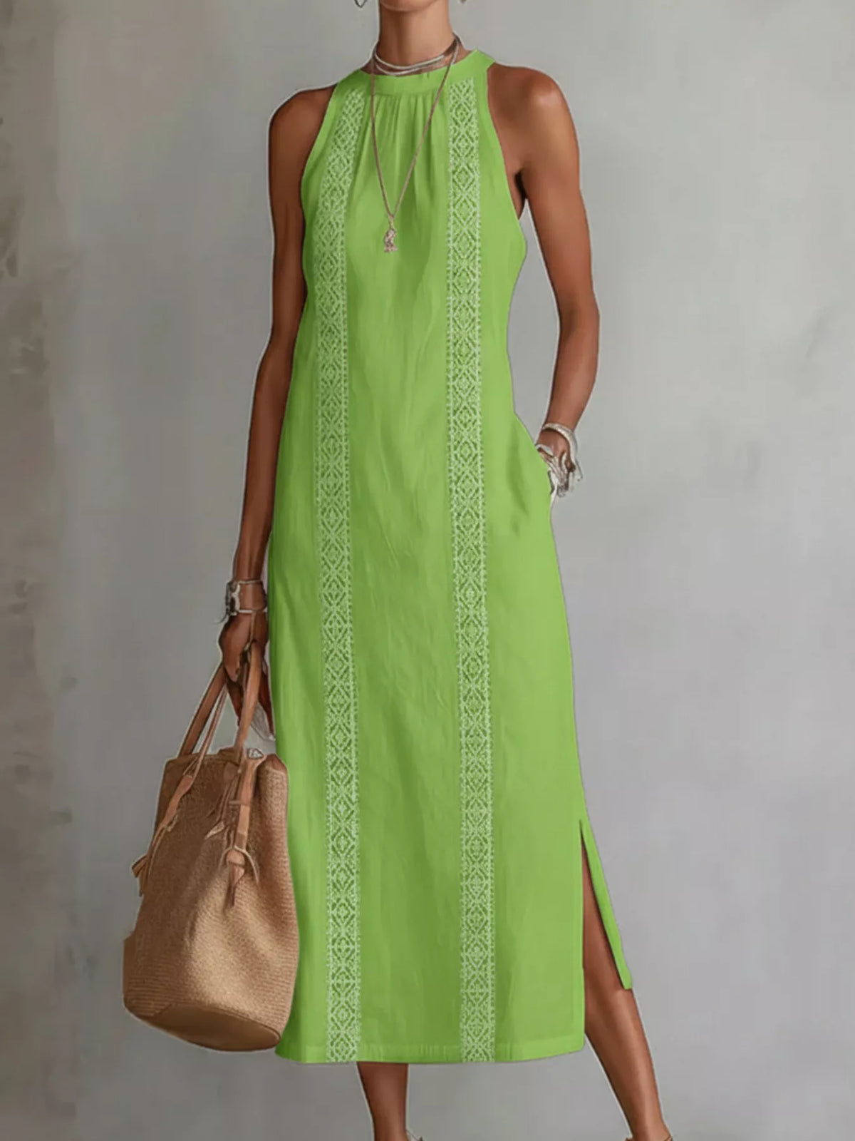 Full Size Sleeveless Lace Trim Midi Dress Plus Size - WYNFLARE