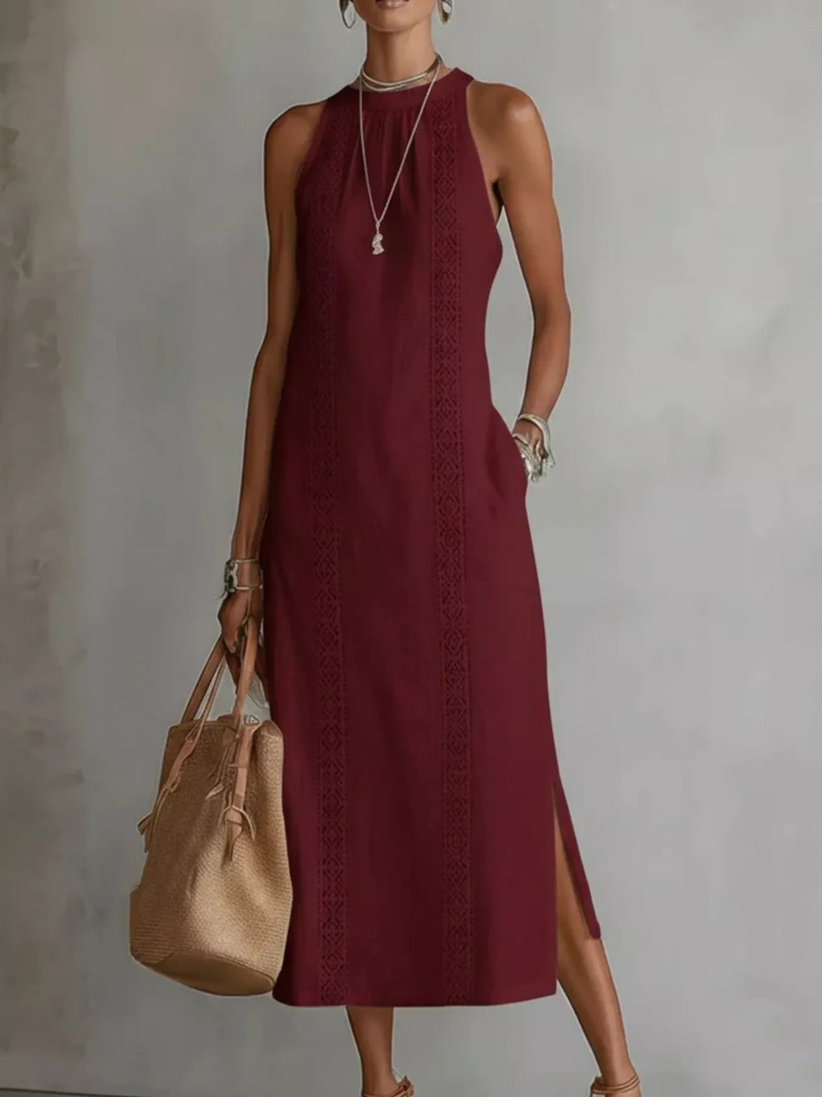 Full Size Sleeveless Lace Trim Midi Dress Plus Size - WYNFLARE