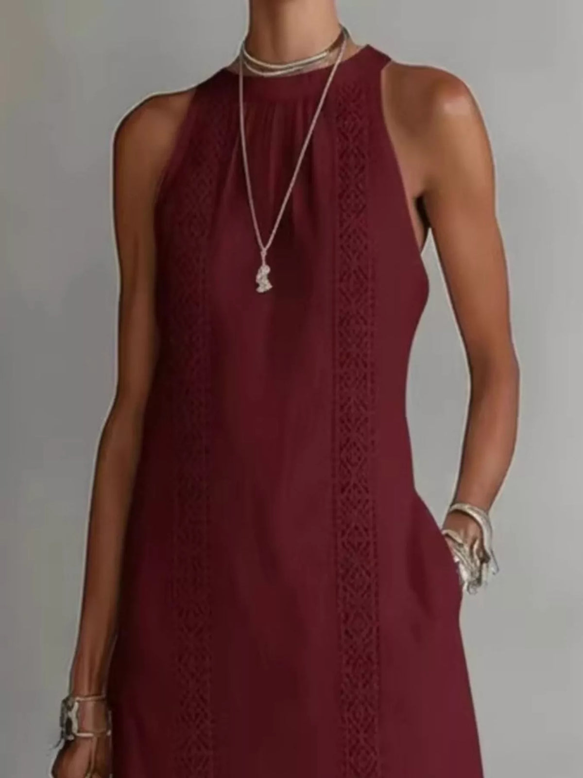 Full Size Sleeveless Lace Trim Midi Dress Plus Size - WYNFLARE