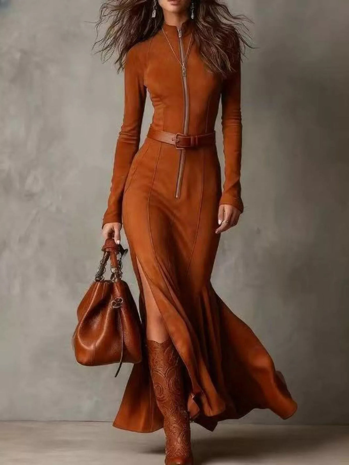 Full Size Slit Zipper Front Maxi Dress Plus Size - WYNFLARE