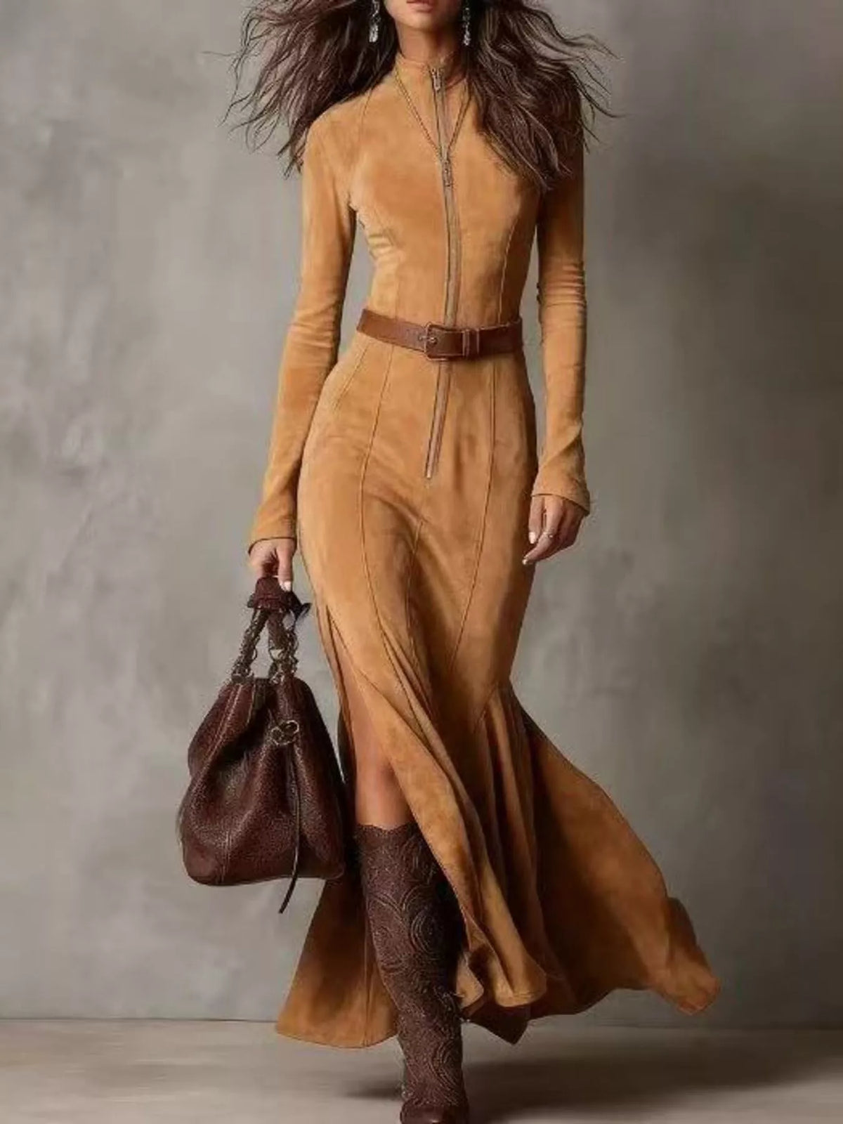 Full Size Slit Zipper Front Maxi Dress Plus Size - WYNFLARE