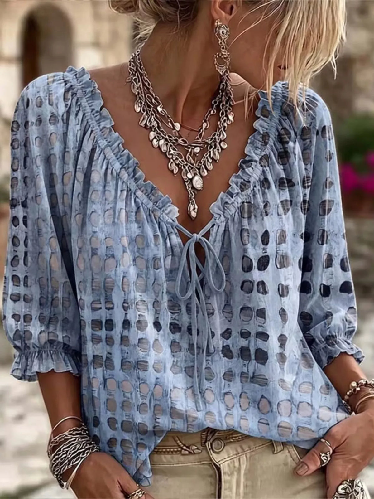 Full Size Tie Neck 3/4 Sleeve Blouse Plus Size - WYNFLARE