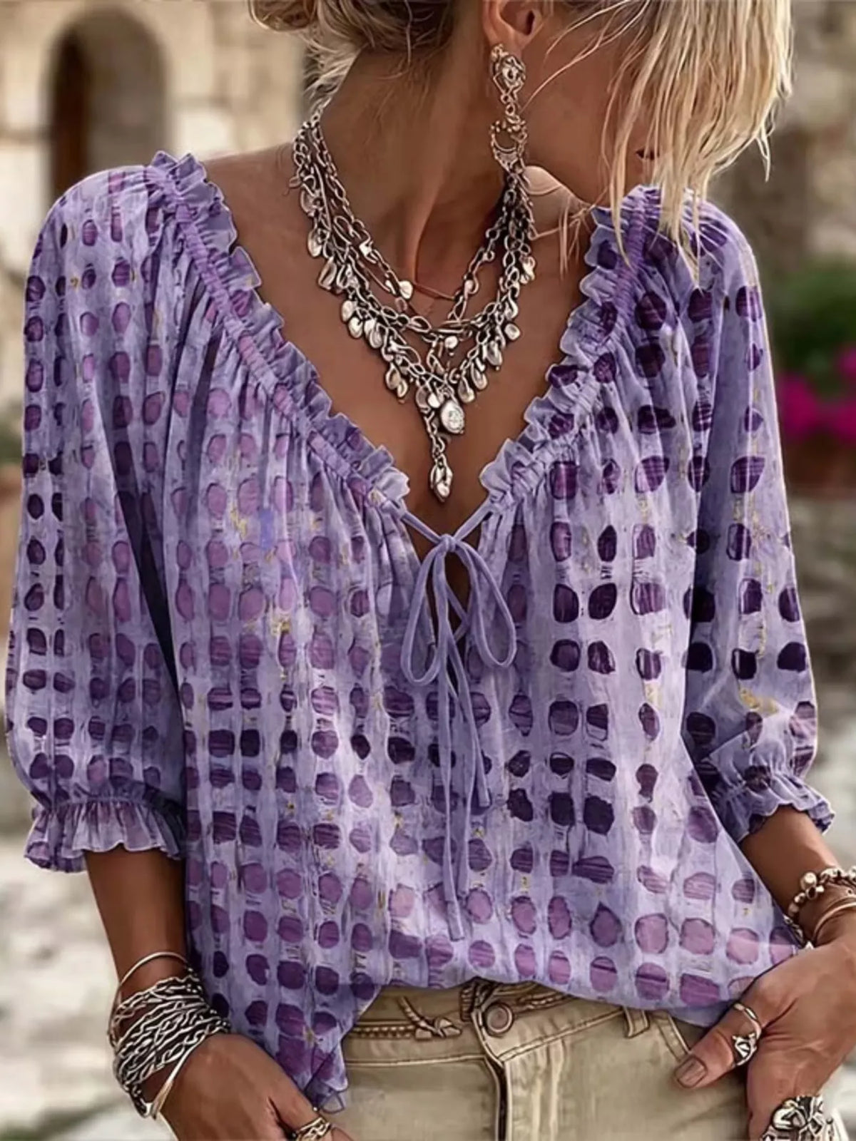 Full Size Tie Neck 3/4 Sleeve Blouse Plus Size - WYNFLARE