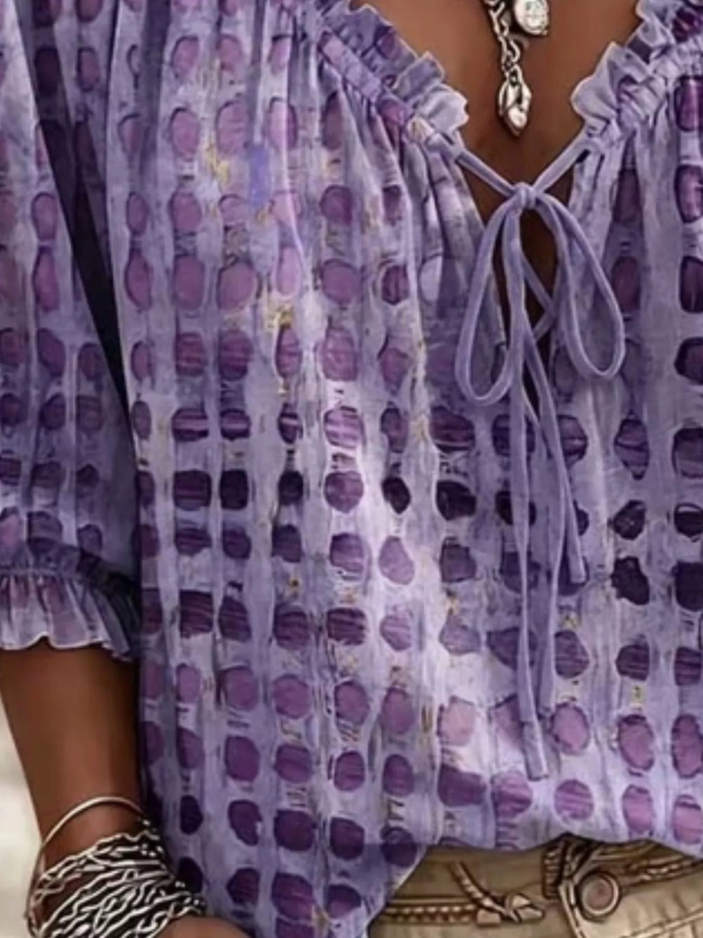 Full Size Tie Neck 3/4 Sleeve Blouse Plus Size - WYNFLARE