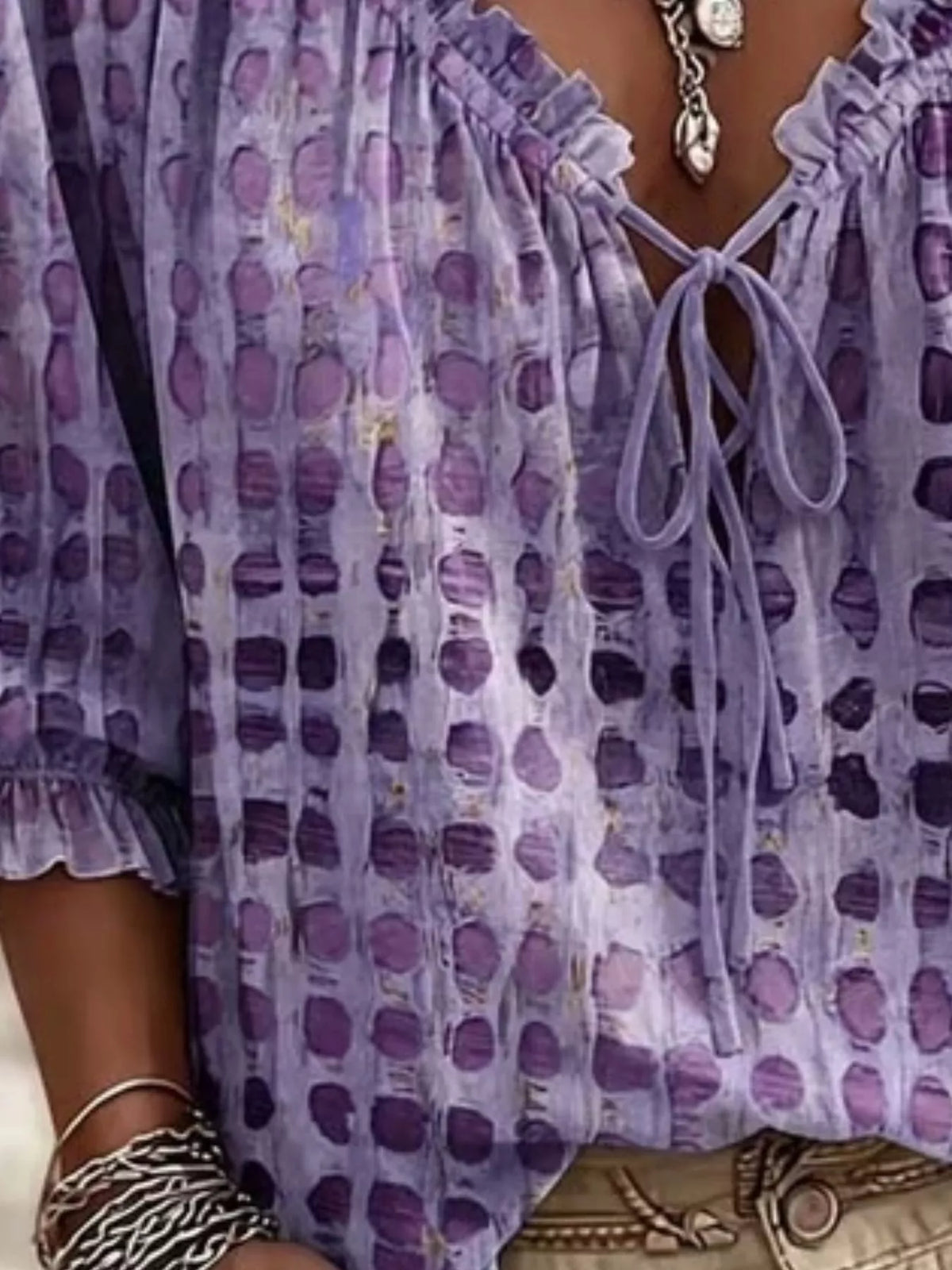 Full Size Tie Neck 3/4 Sleeve Blouse Plus Size - WYNFLARE