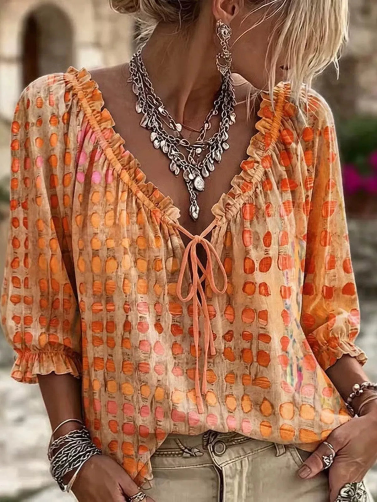 Full Size Tie Neck 3/4 Sleeve Blouse Plus Size - WYNFLARE
