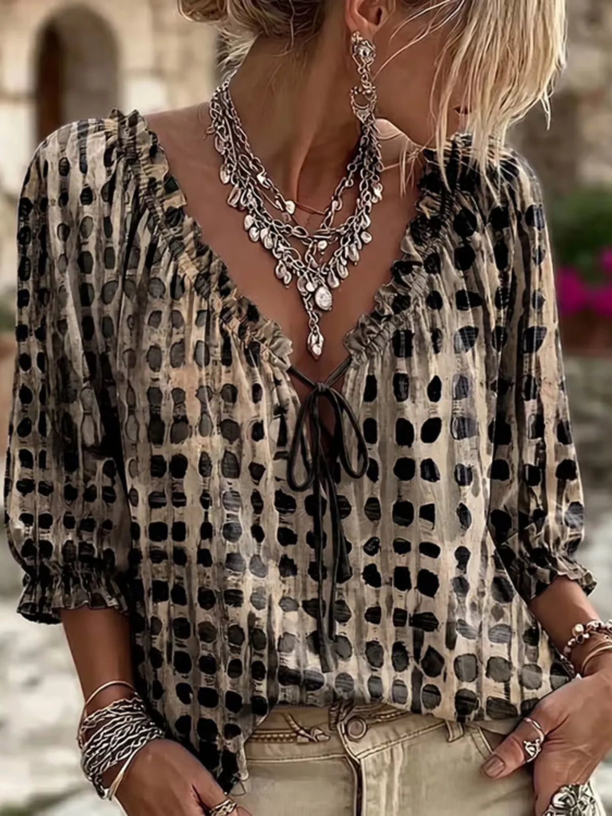 Full Size Tie Neck 3/4 Sleeve Blouse Plus Size - WYNFLARE