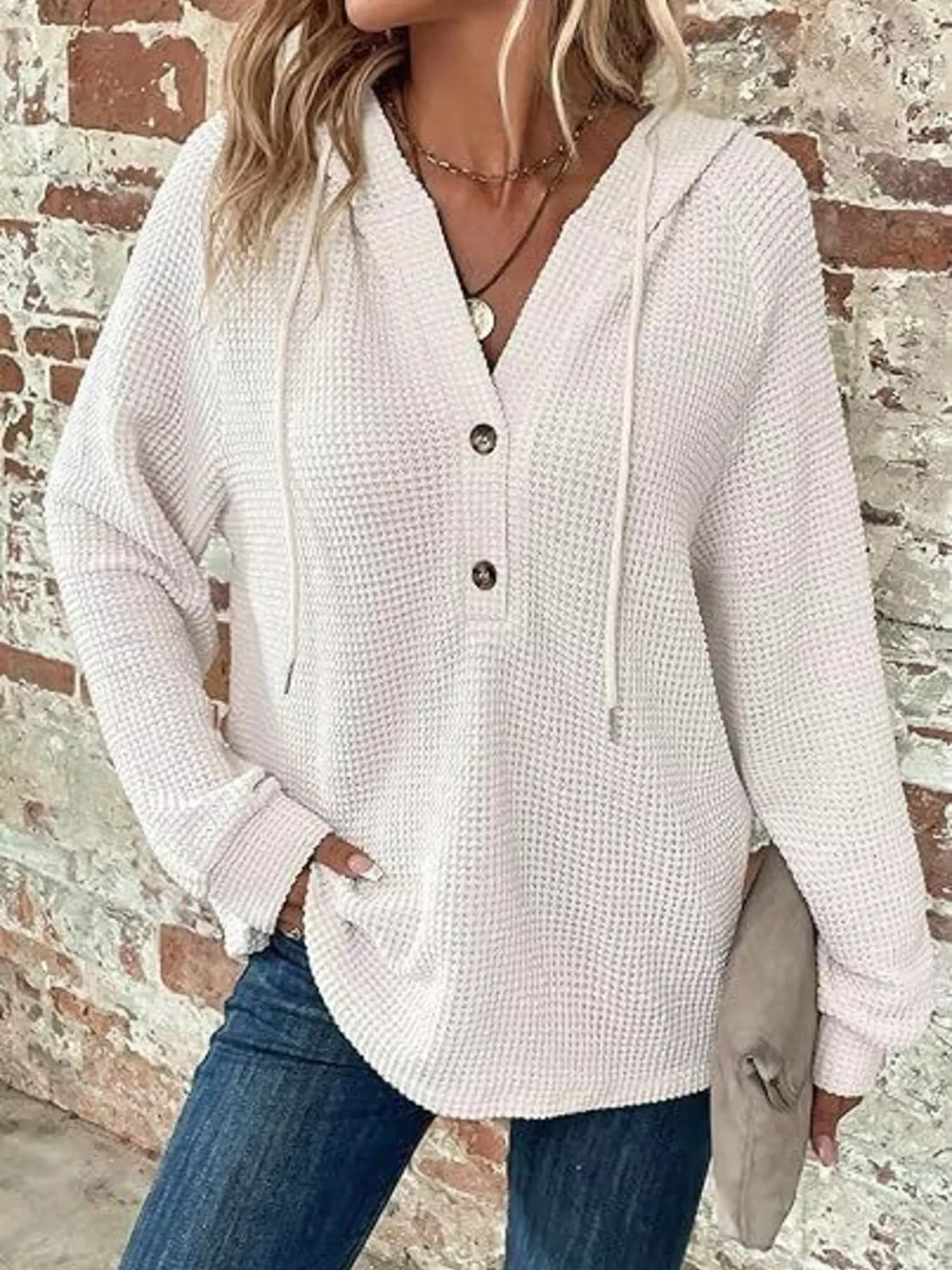 Full Size Waffle Knit Half-Button Hoodie Plus Size - WYNFLARE