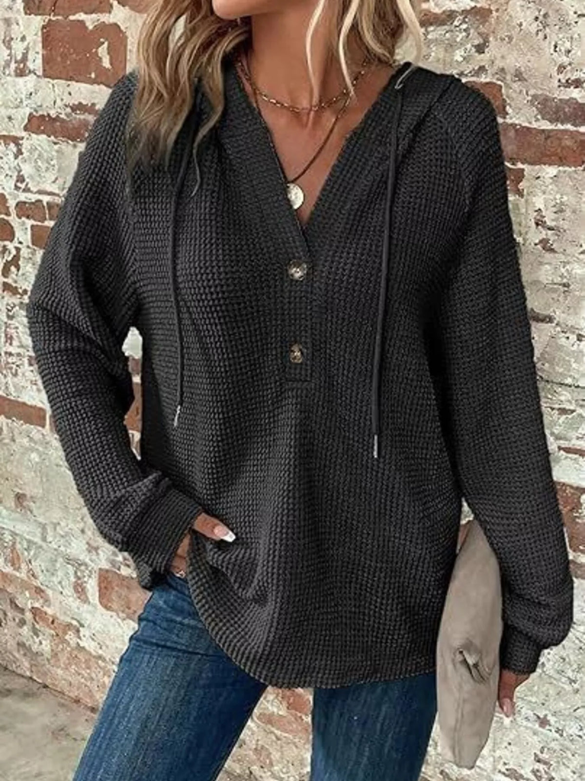 Full Size Waffle Knit Half-Button Hoodie Plus Size - WYNFLARE