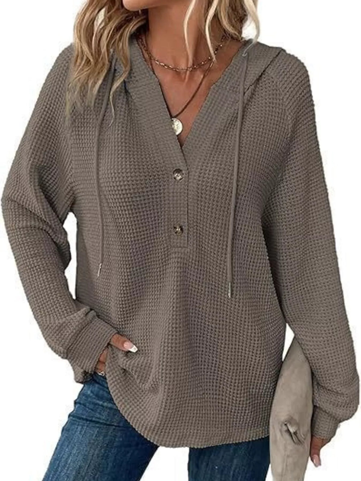 Full Size Waffle Knit Half-Button Hoodie Plus Size - WYNFLARE