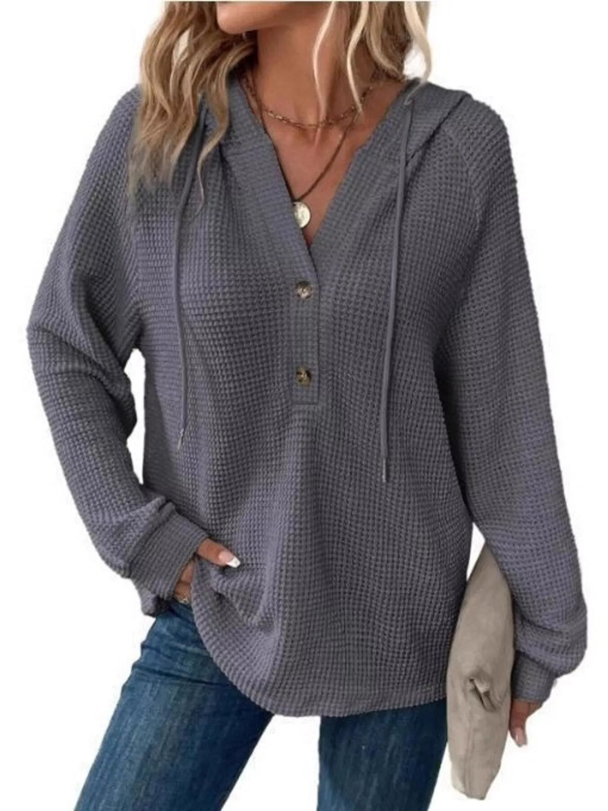 Full Size Waffle Knit Half-Button Hoodie Plus Size - WYNFLARE